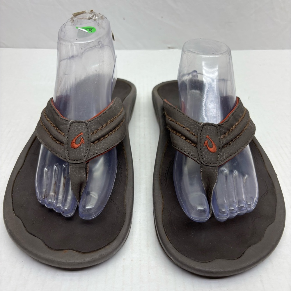 OluKai Men's Brown Flip-Flop Sandals with Orange Stitching